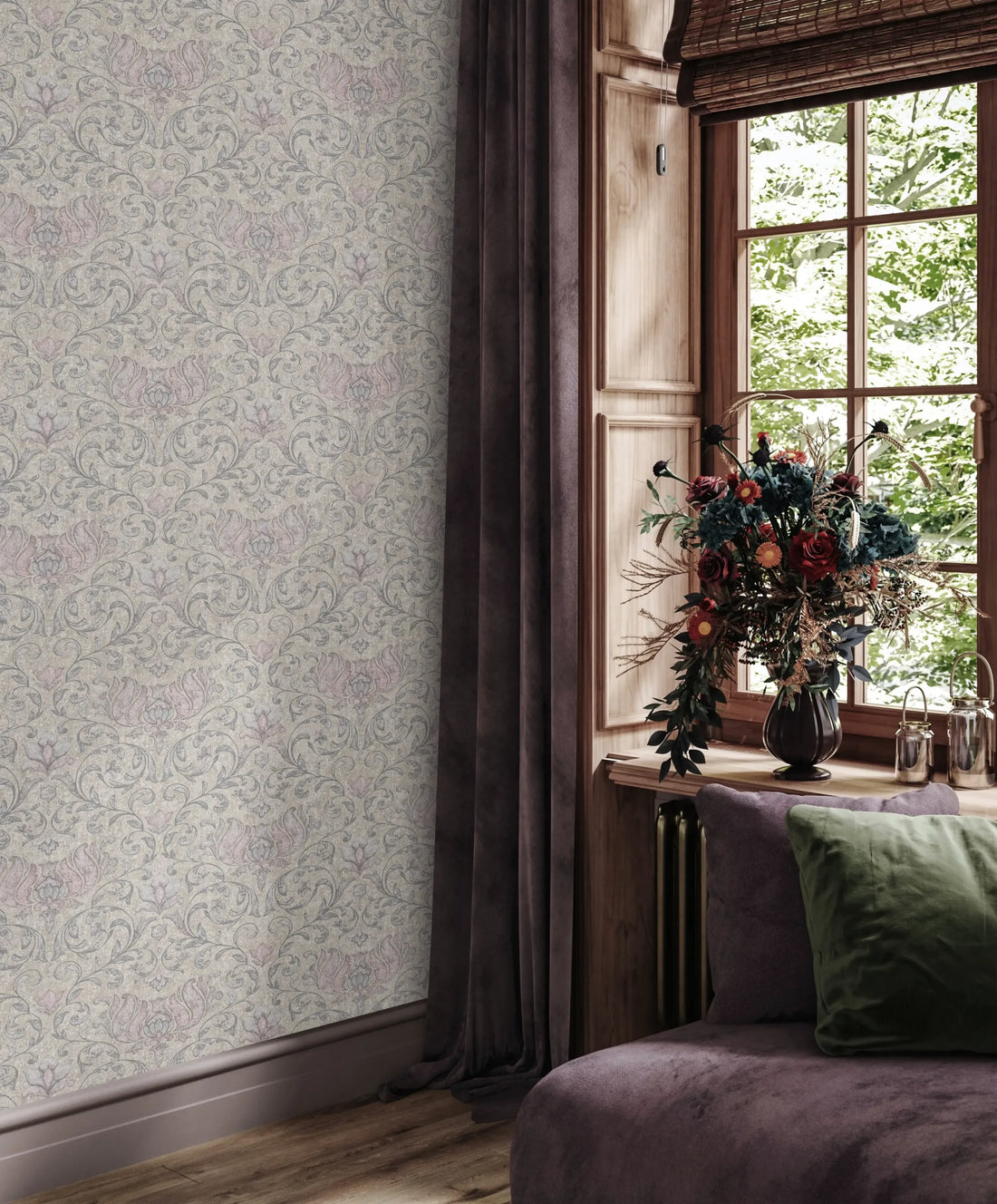 Marburg City Romance 35152 wallpaper with trailing floral damask in soft grey and dusty blush on a warm beige, plaster-like background.