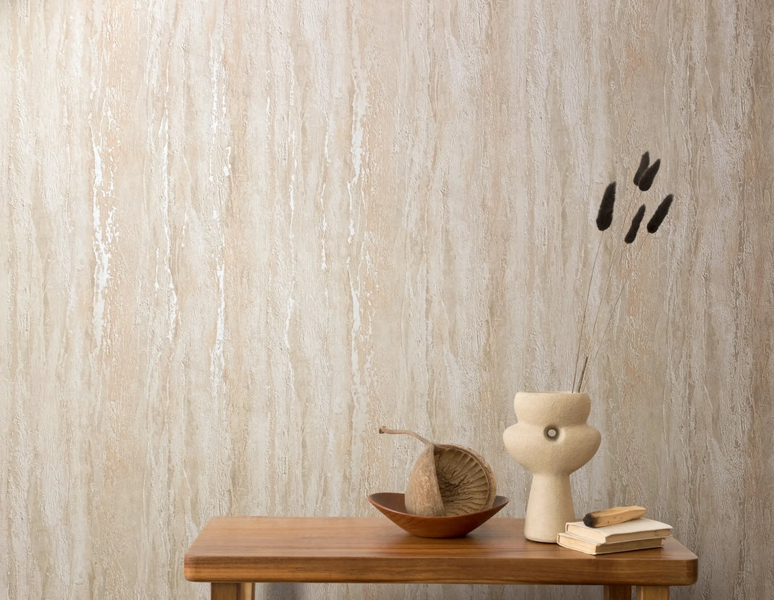 Marburg City Romance 35154 beige plaster-look textured wallpaper with soft vertical movement.