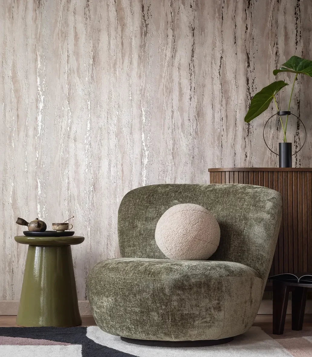 Marburg City Romance 35157 plaster-look wallpaper in warm greige and grey with softly layered striations.
