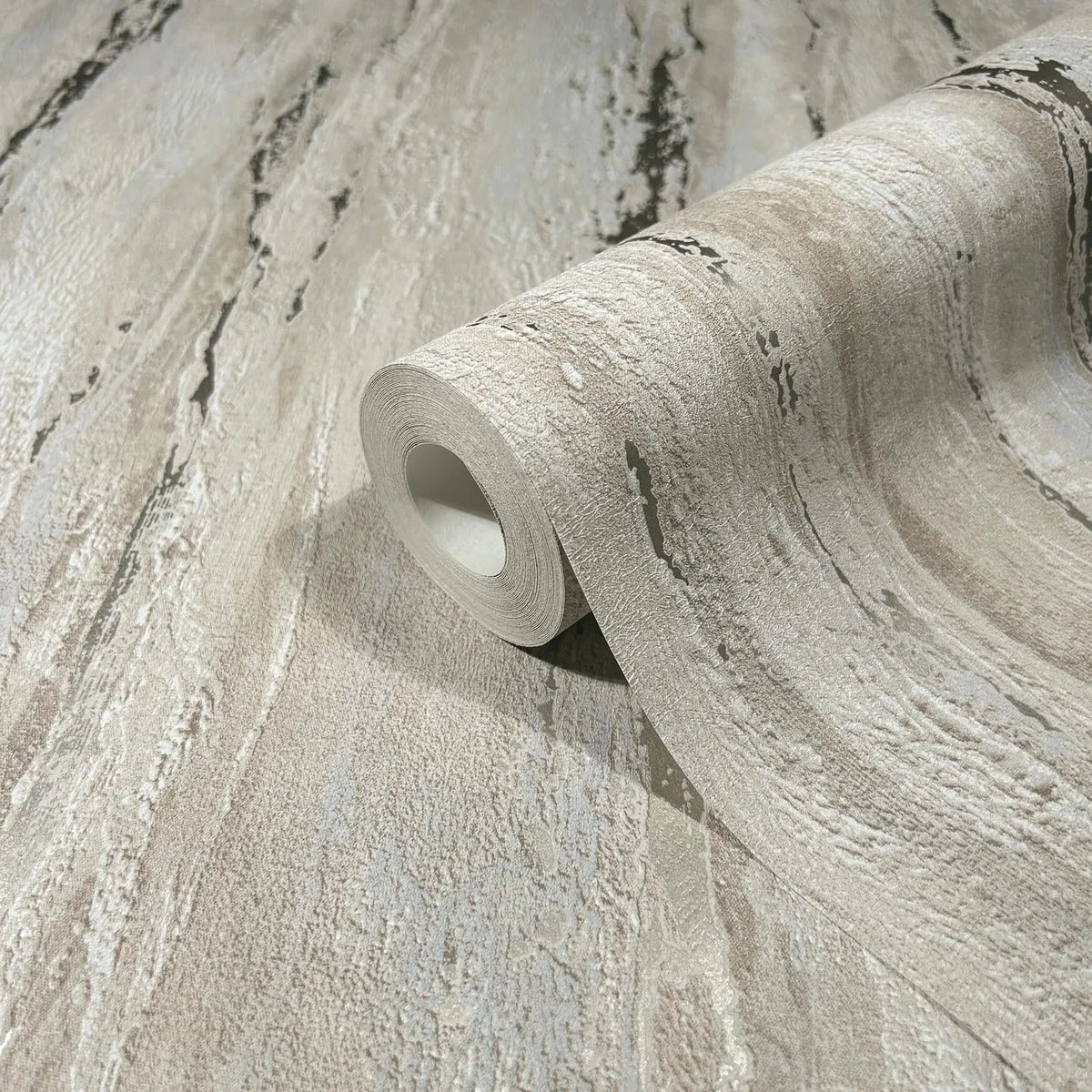 Marburg 35157 wallpaper close-up roll showing textured beige and gray striated pattern.