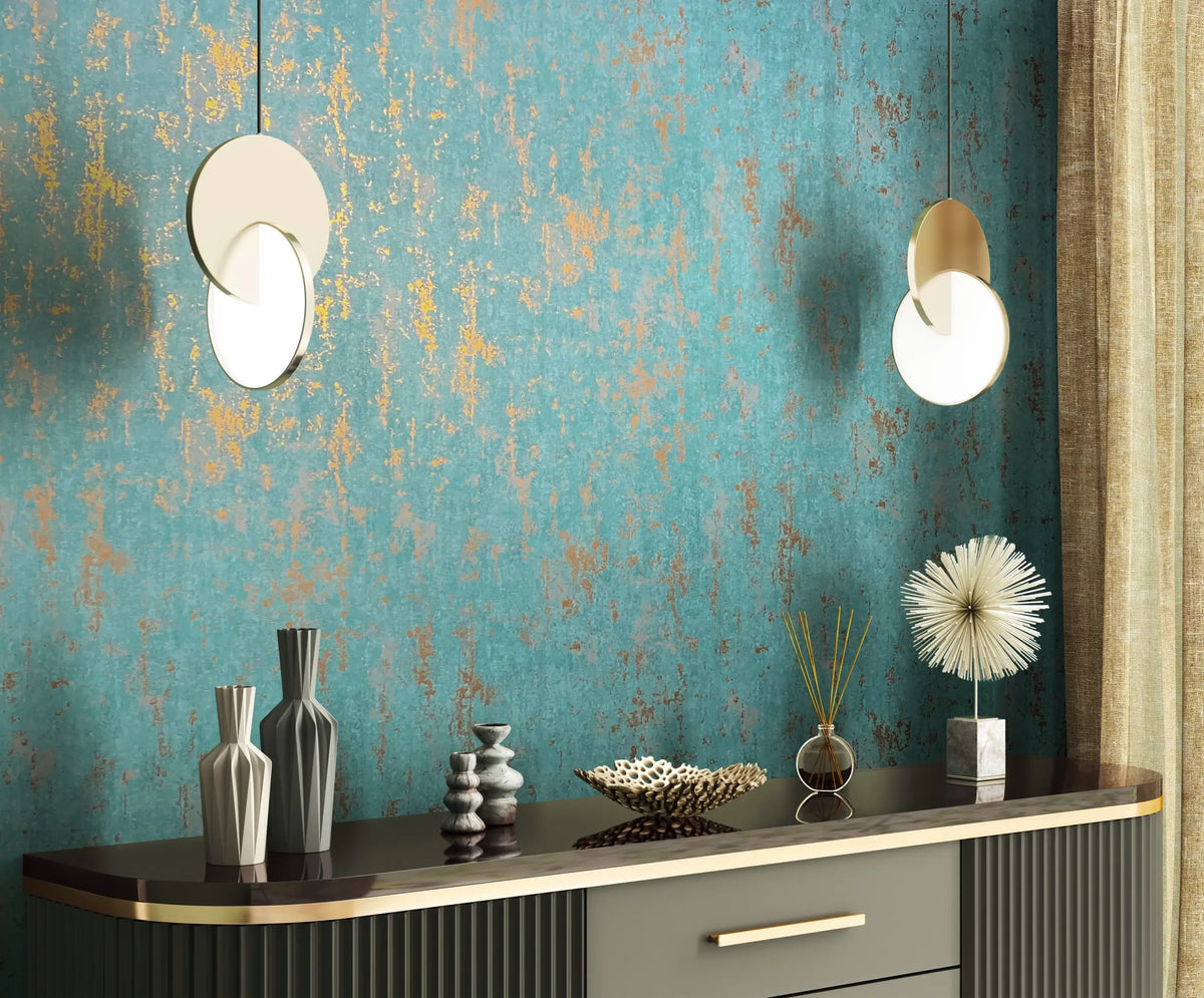 Marburg 35164 wallpaper in a lounge feature wall setting with a modern sideboard, vases, reed diffuser and sculptural decor, twin pendant lights and a curtain, creating a calm contemporary mood.