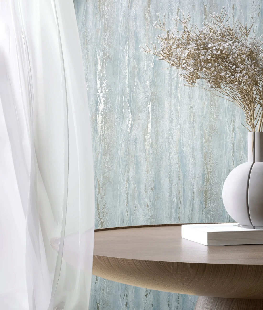 Marburg City Romance 35165 light blue plaster-look textured wallpaper with subtle taupe striations.