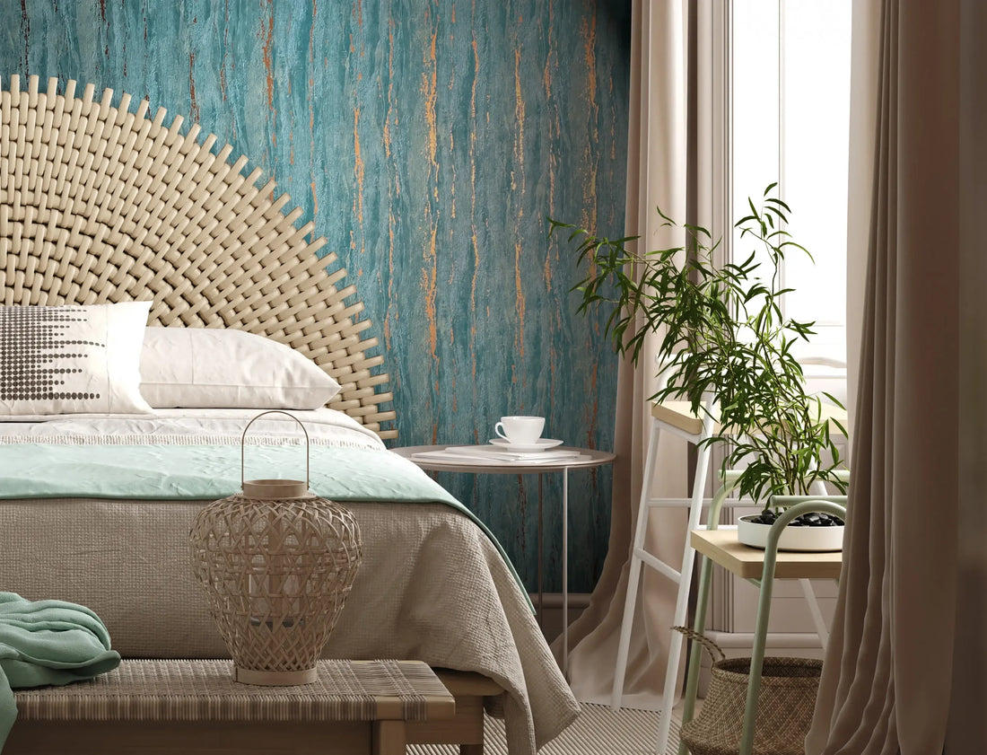 Marburg City Romance 35167 teal green plaster-look textured wallpaper with rust accents