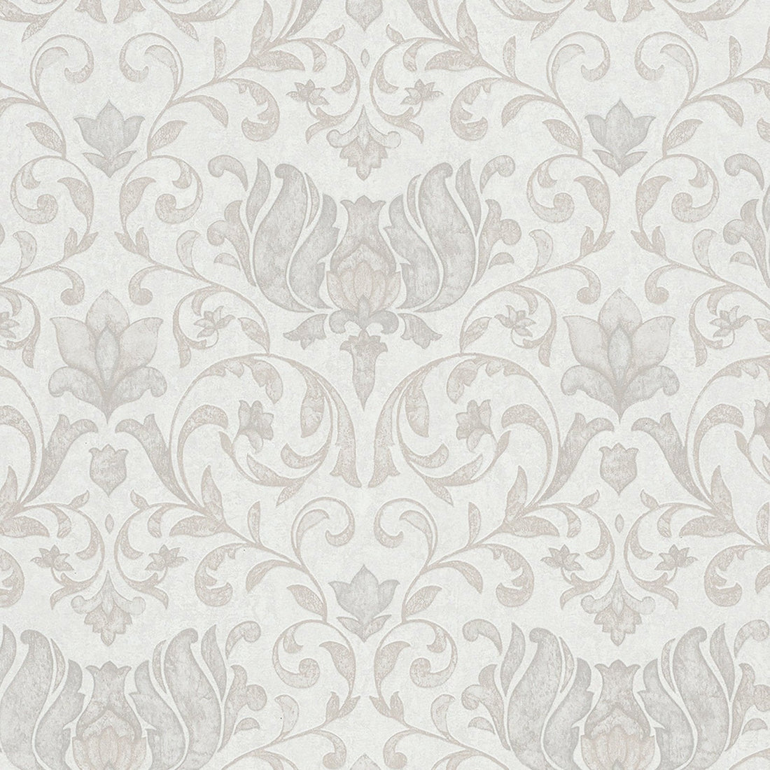 Marburg City Romance 35168 damask wallpaper featuring a classic symmetrical floral and scroll pattern in light gray on a warm off-white background.