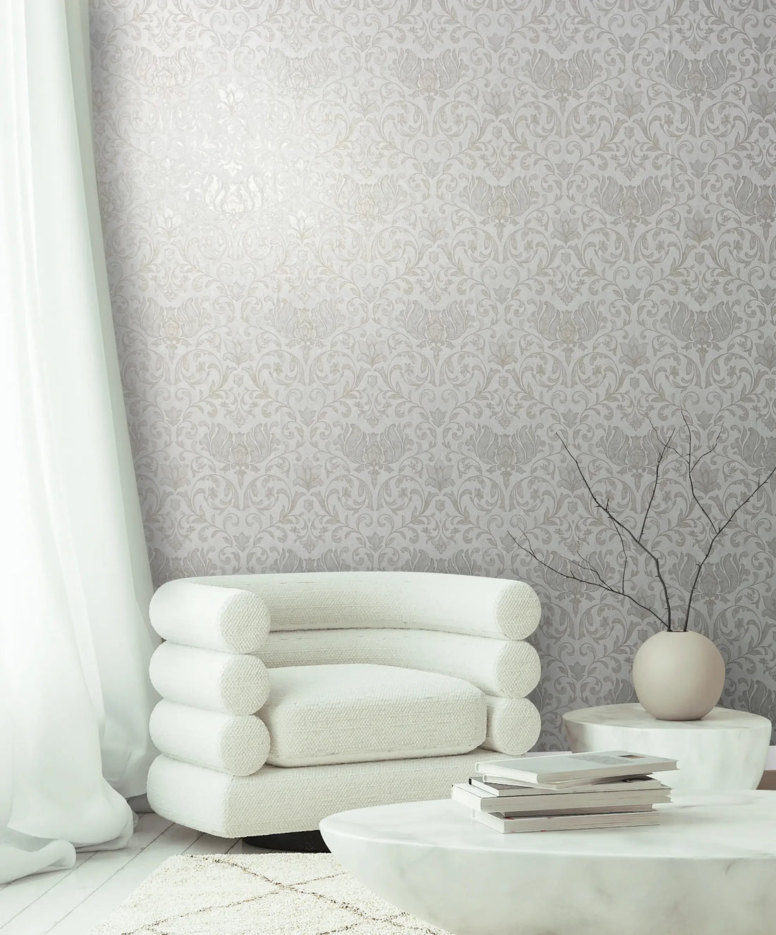 Marburg City Romance 35168 damask wallpaper featuring a classic symmetrical floral and scroll pattern in light gray on a warm off-white background.