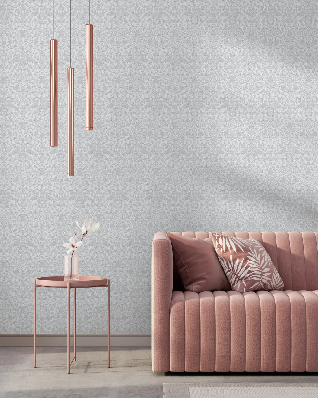 Marburg Heritage 47608 grey and white floral vine wallpaper with birds in a dense, embossed-look pattern.