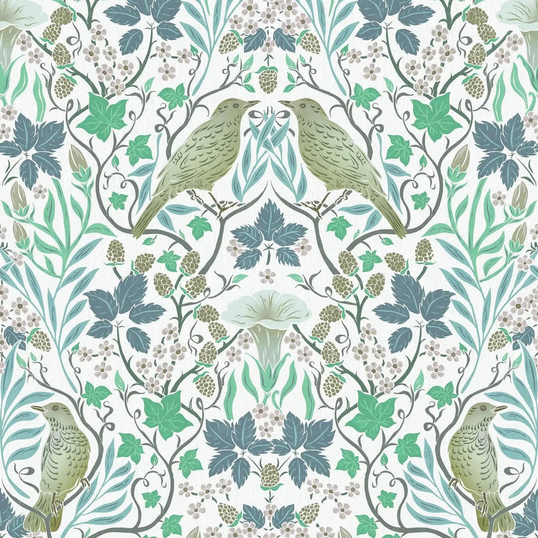 Marburg Heritage 47619 botanical wallpaper with blue and green vines, birds, and berries on white