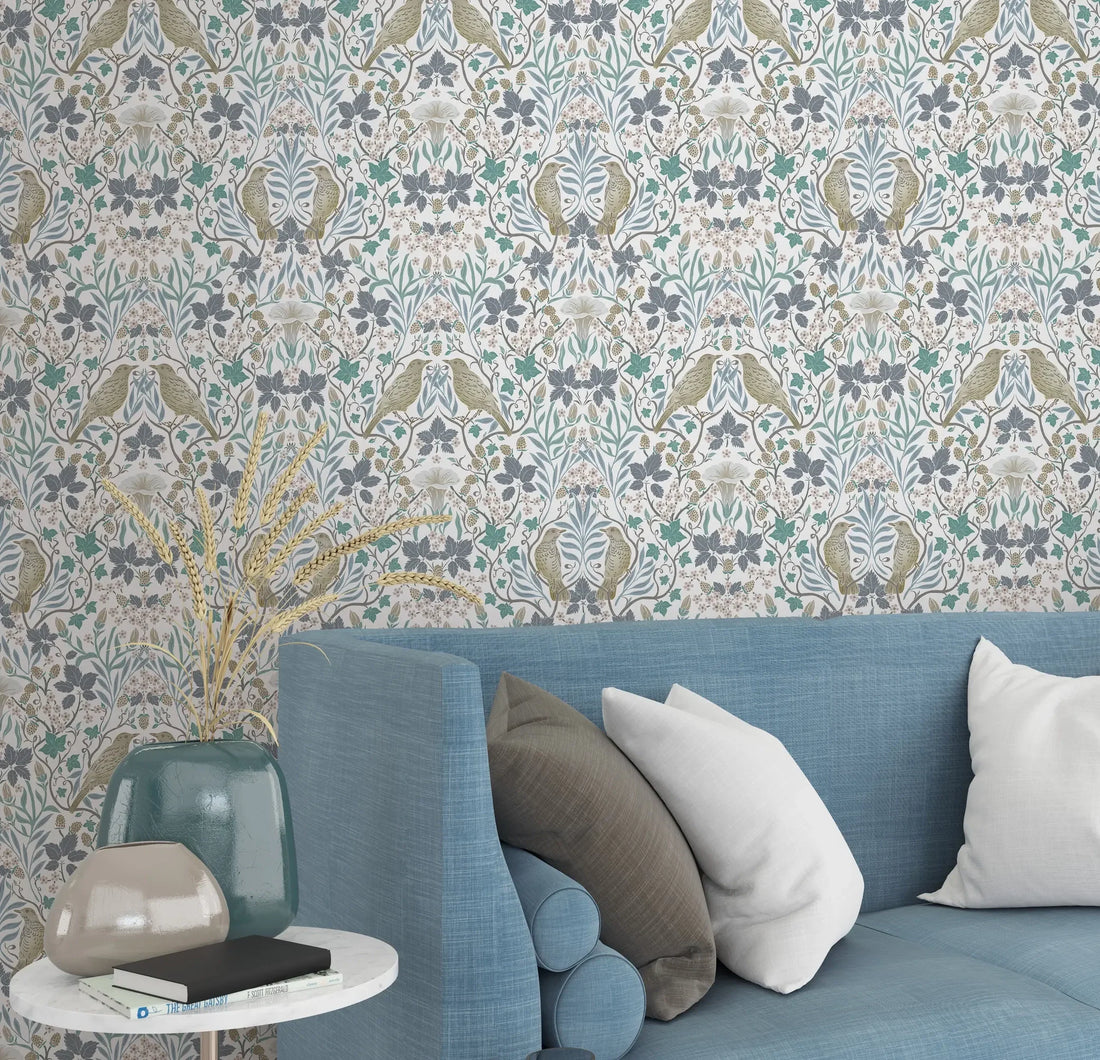 Marburg Heritage 47619 botanical wallpaper with blue and green vines, birds, and berries on white