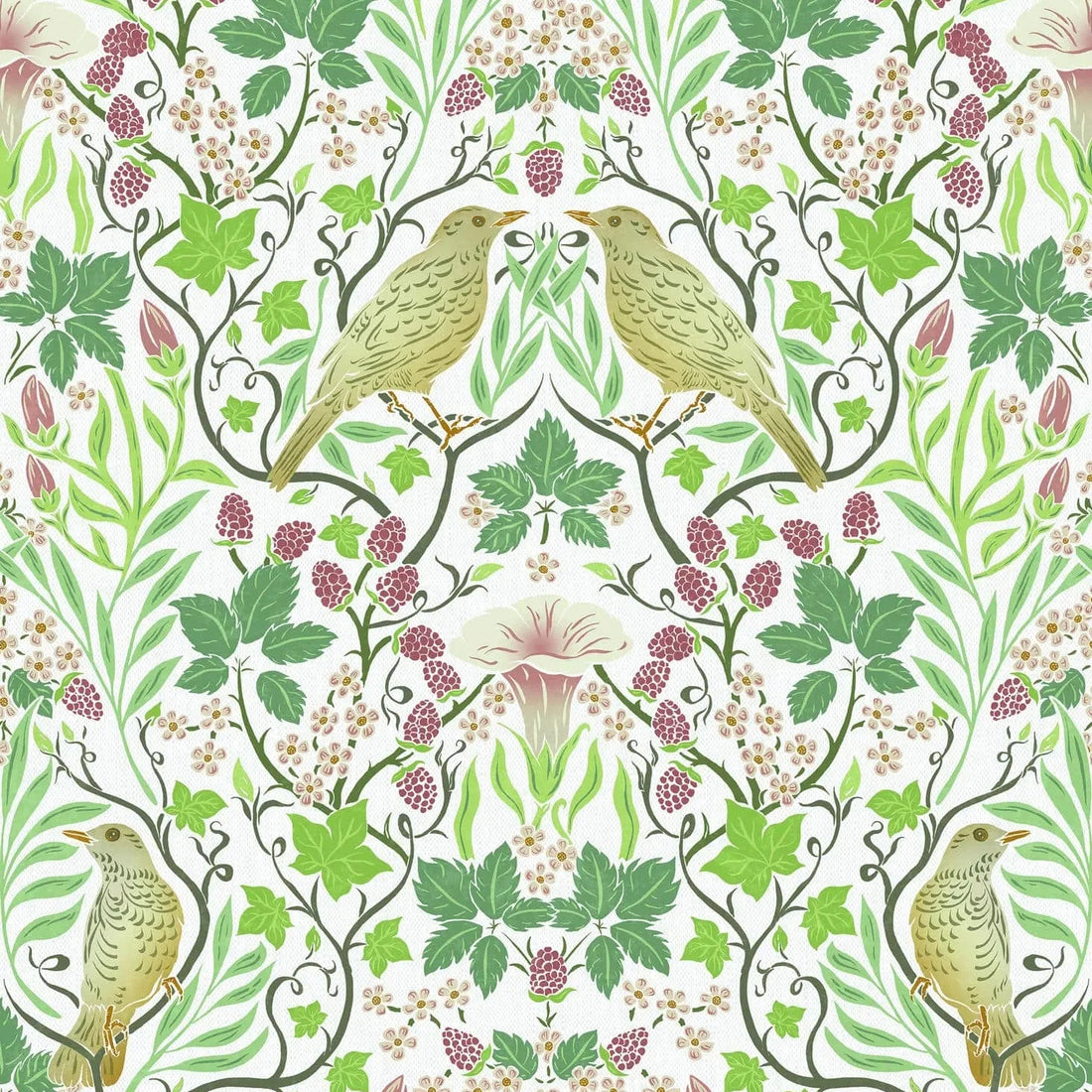 Marburg Heritage 47620 green botanical wallpaper with birds, vines and berries on white