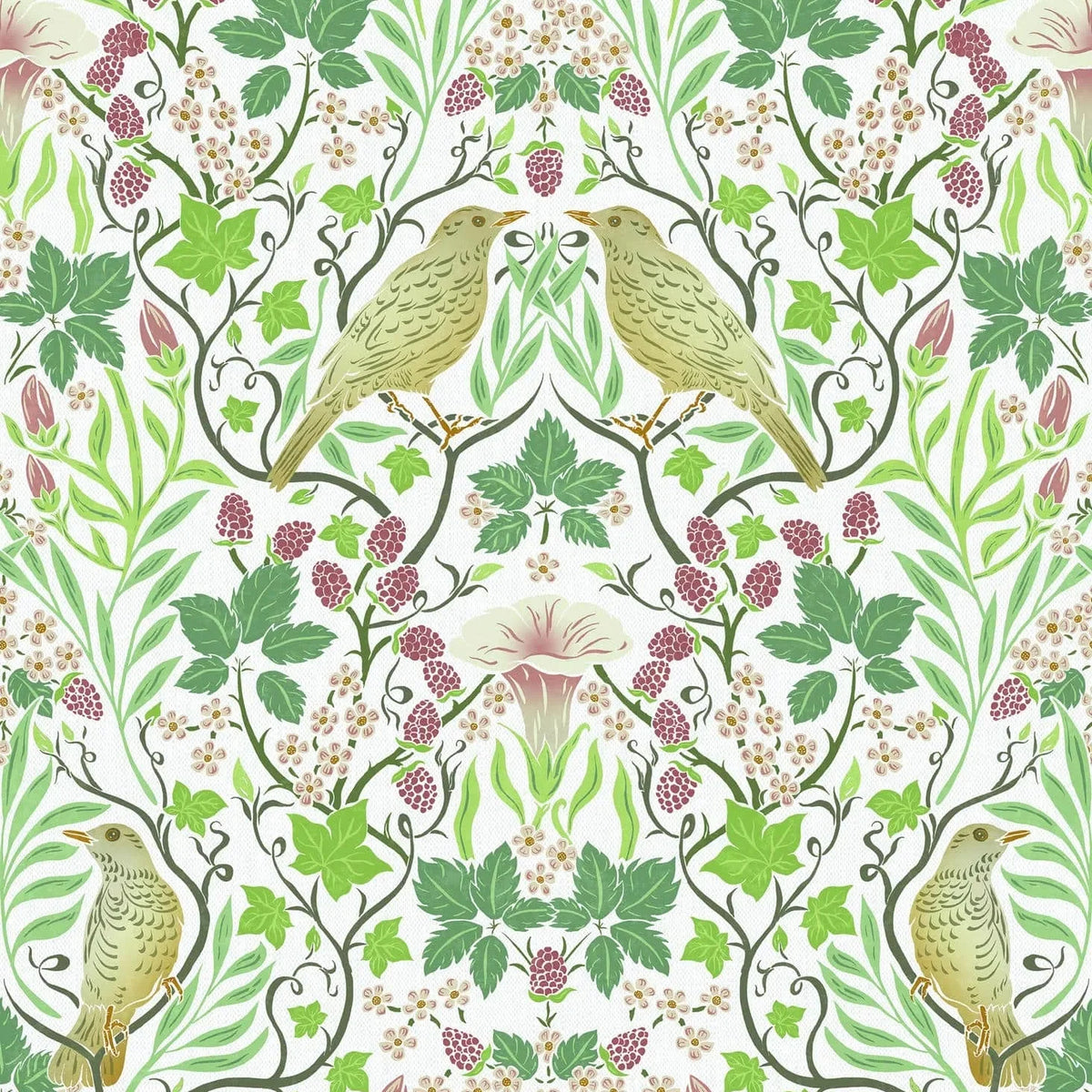 Marburg Heritage 47620 green botanical wallpaper with birds, vines and berries on white
