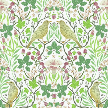 Marburg Heritage 47620 green botanical wallpaper with birds, vines and berries on white