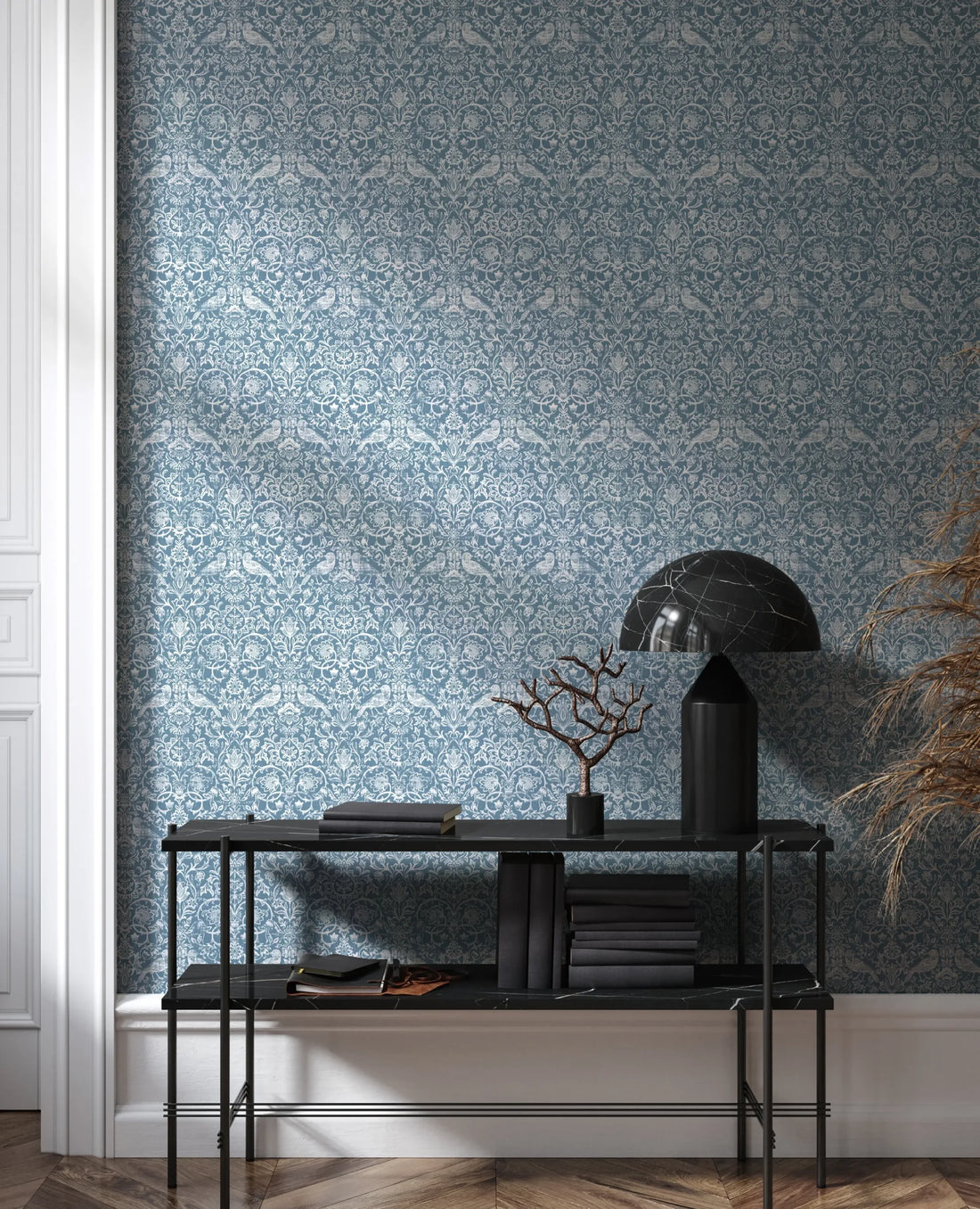 Marburg Heritage 47623 blue and white floral vine wallpaper with birds