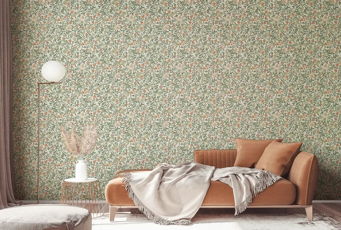 Marburg Heritage 47626 green and white trailing floral wallpaper with coral blossoms