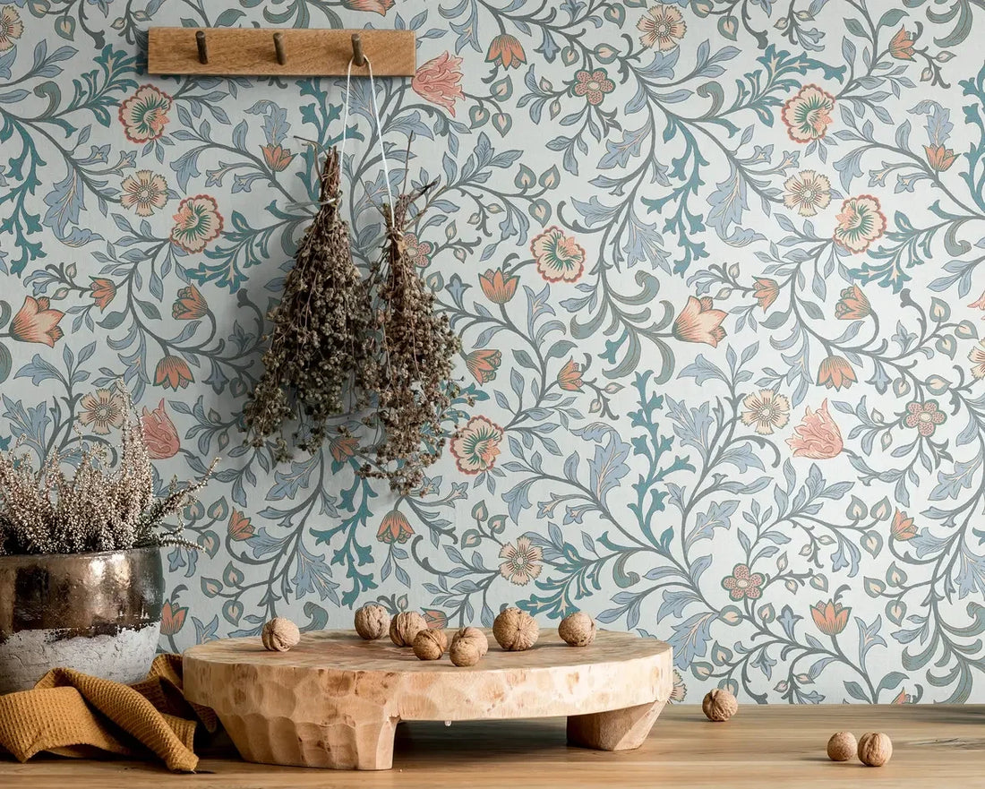 Marburg Heritage 47627 blue trailing floral wallpaper with teal leaves and pink blossoms