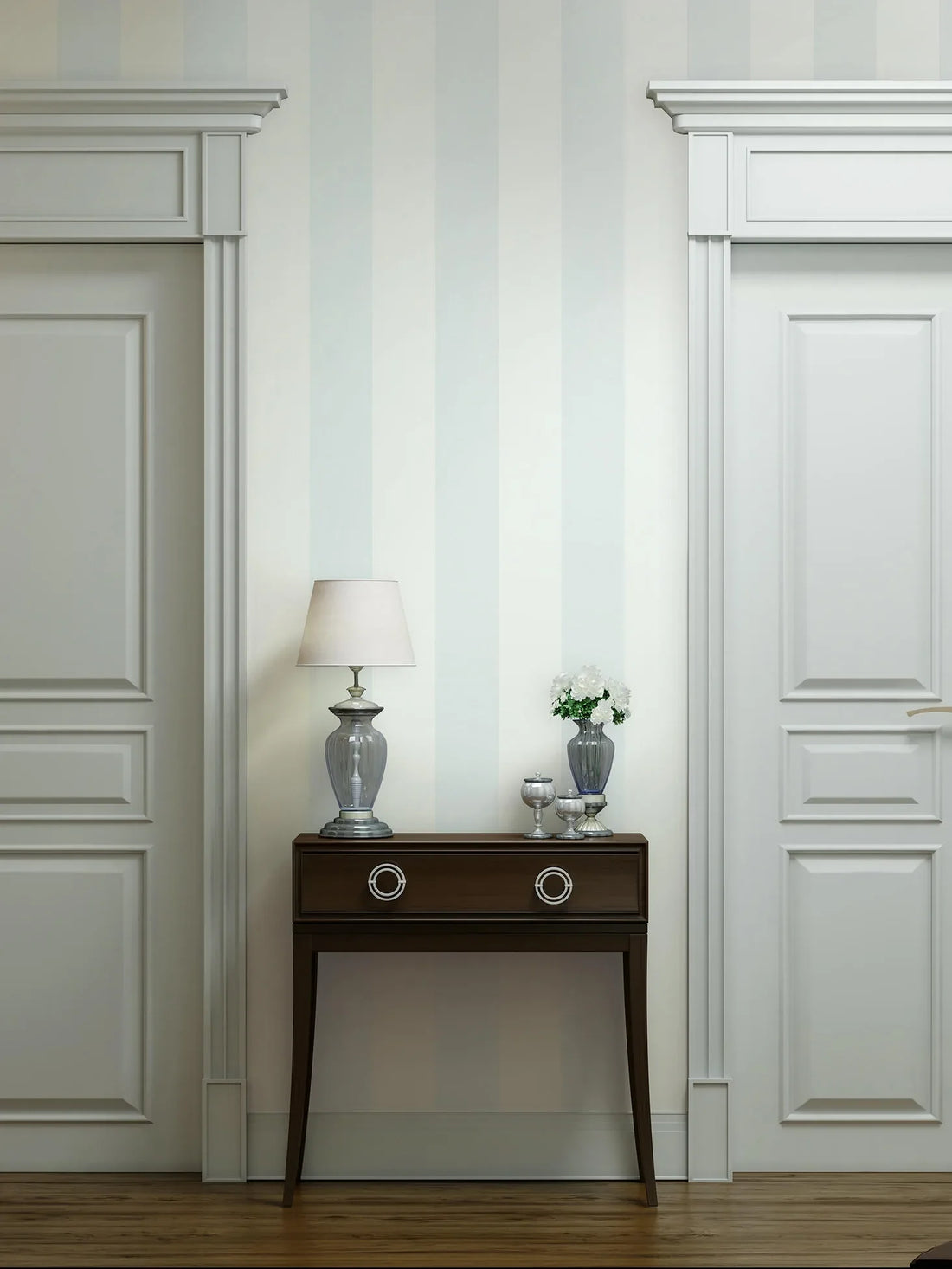 Marburg Heritage 47635 soft blue and light grey wide vertical stripe wallpaper