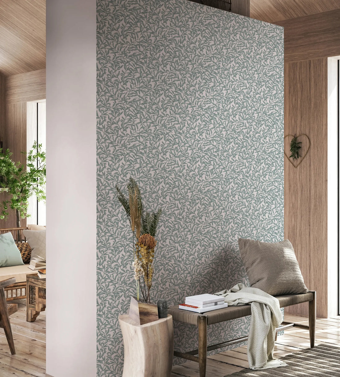 Marburg Heritage 47639 sage green vine botanical wallpaper on a light grey linen-look ground