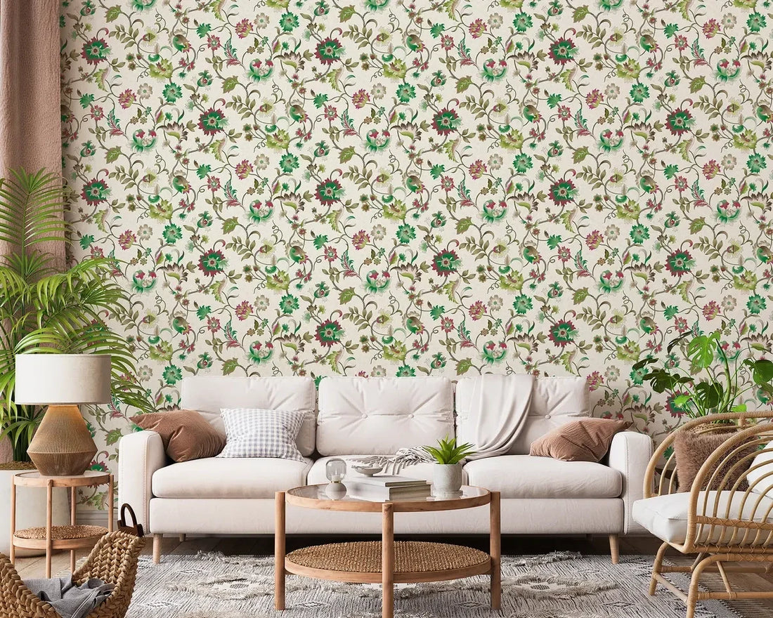 Marburg Heritage 47648 green and pink chinoiserie floral wallpaper on a soft neutral background