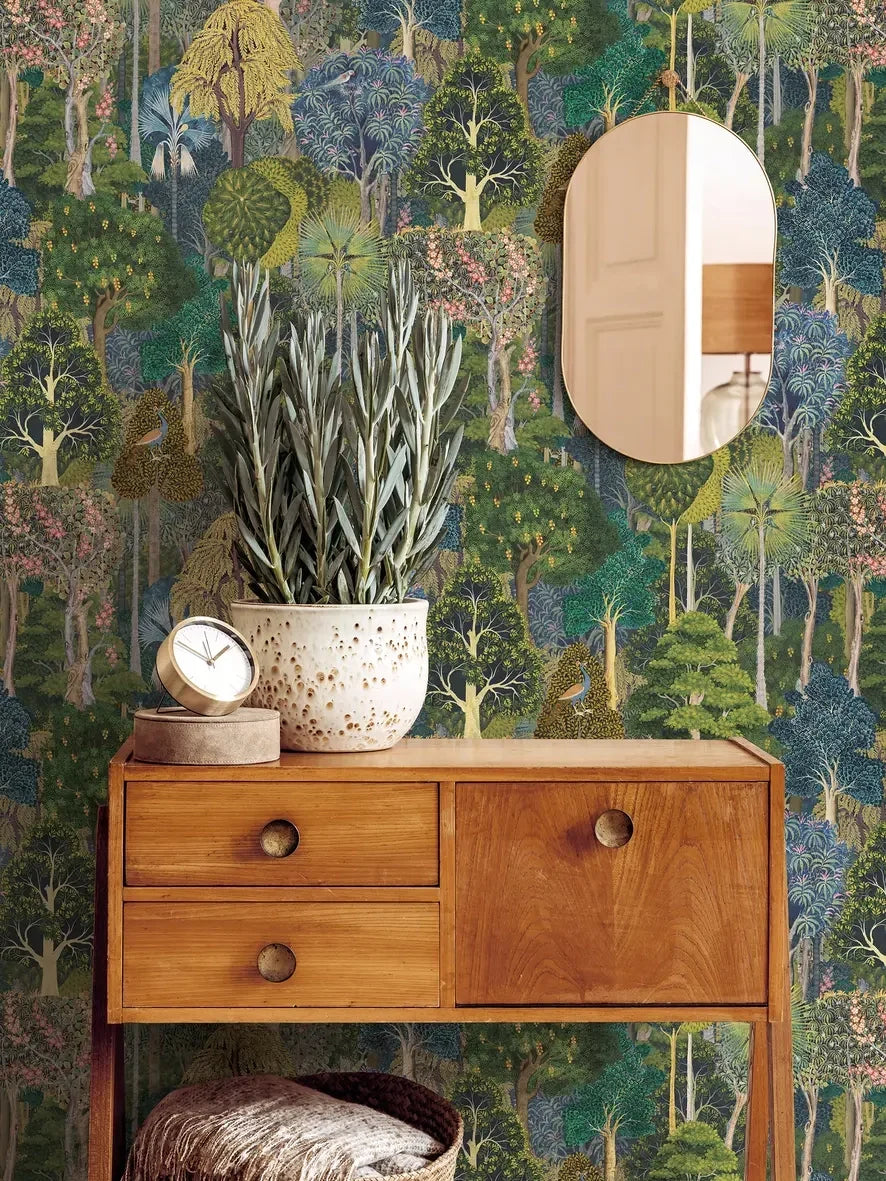 Marburg Heritage 47650 wallpaper with a dense forest landscape in cool greens and blues, detailed trees, foliage, and birds.