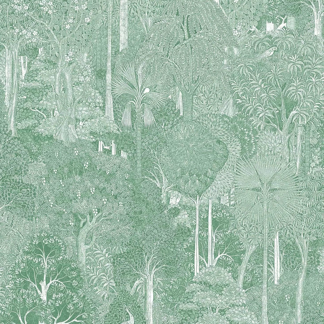 Marburg Heritage 47651 scenic forest wallpaper in sage green with fine white detailing of trees and birds