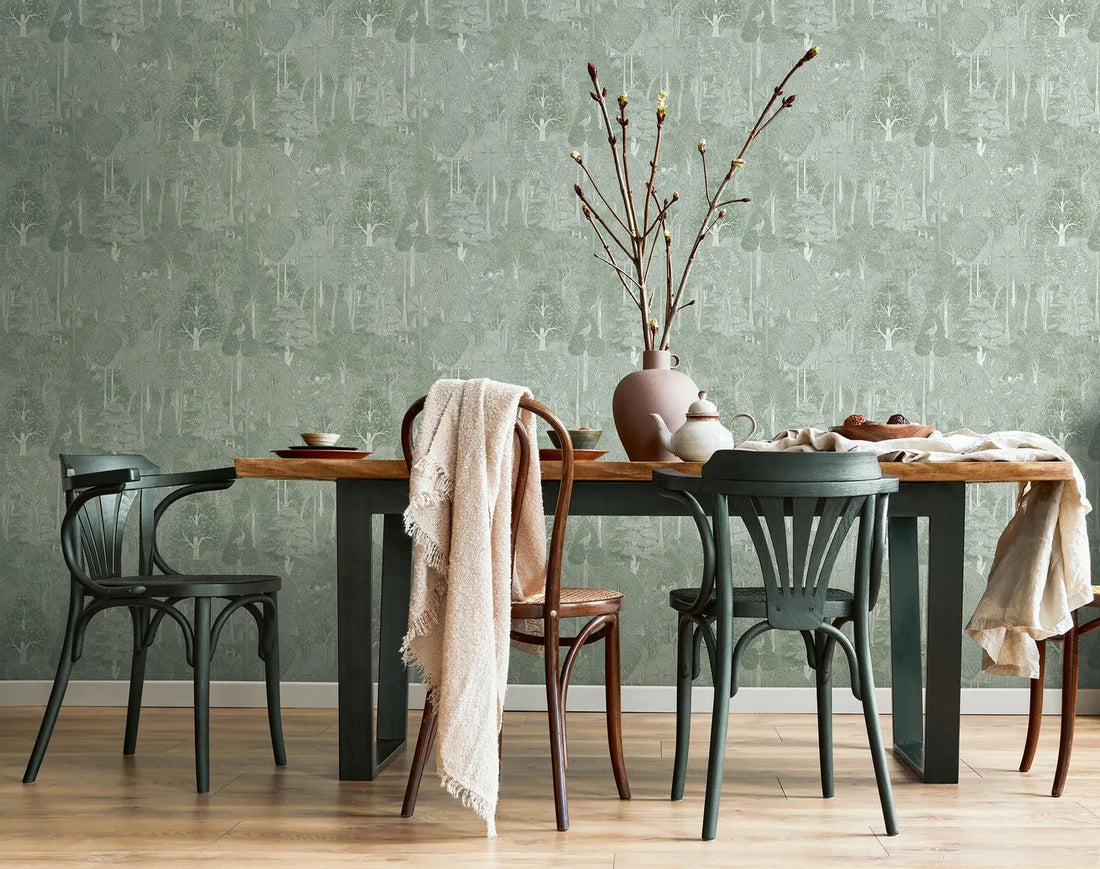 Marburg Heritage 47651 scenic forest wallpaper in sage green with fine white detailing of trees and birds