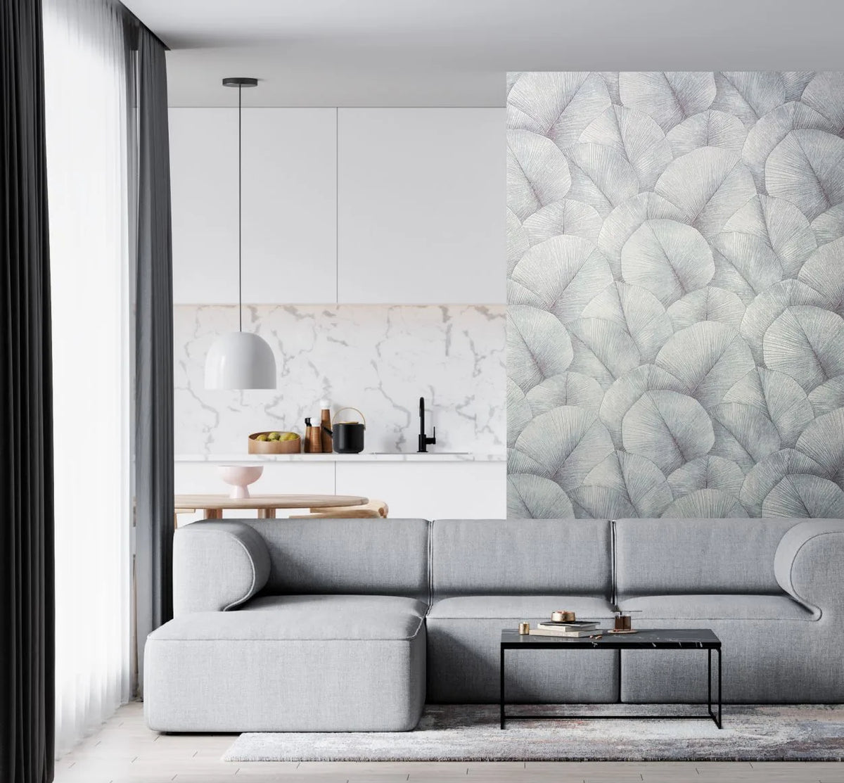 Marburg Kumano 34512 Overlapping fan-shaped leaf motif with fine linear veins in soft blue‑gray tones wallpaper on a living room feature wall.