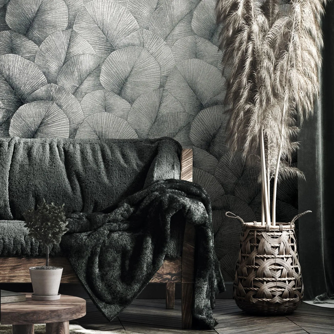 Marburg Kumano 34514 wallpaper with large overlapping ribbed leaves in silvery grey‑green tones.