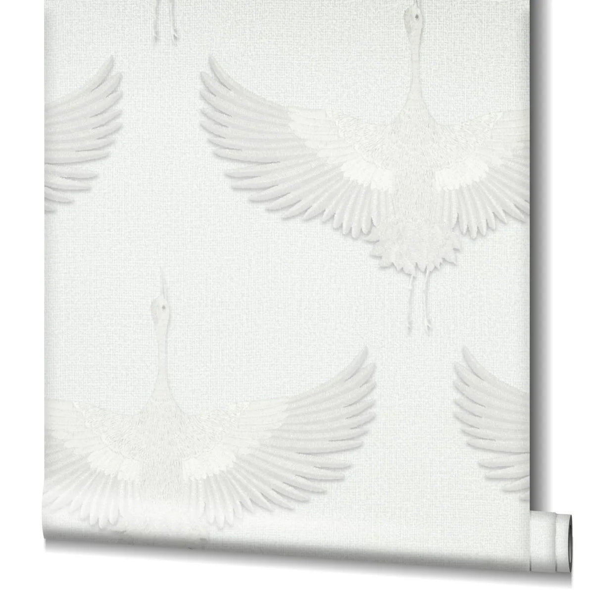 Marburg Kumano 34528 Wallpaper roll with a white-on-white pattern of flying cranes with outstretched wings in a subtle embossed texture.