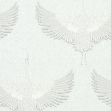 Marburg Kumano 34528 wallpaper with softly embossed cranes on a linen-like white ground.