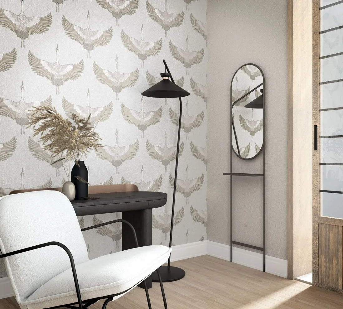 Marburg Kumano 34529 wallpaper with soft white and beige cranes on a linen-like ground