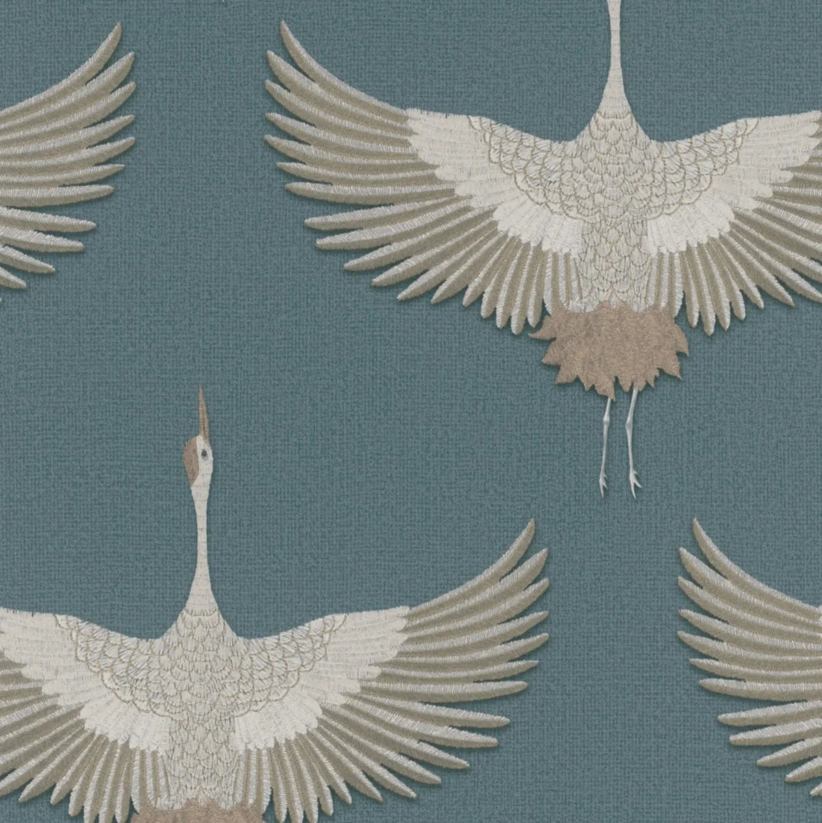 Marburg Kumano 34531 wallpaper with soaring cranes on a dusty blue linen-like background.