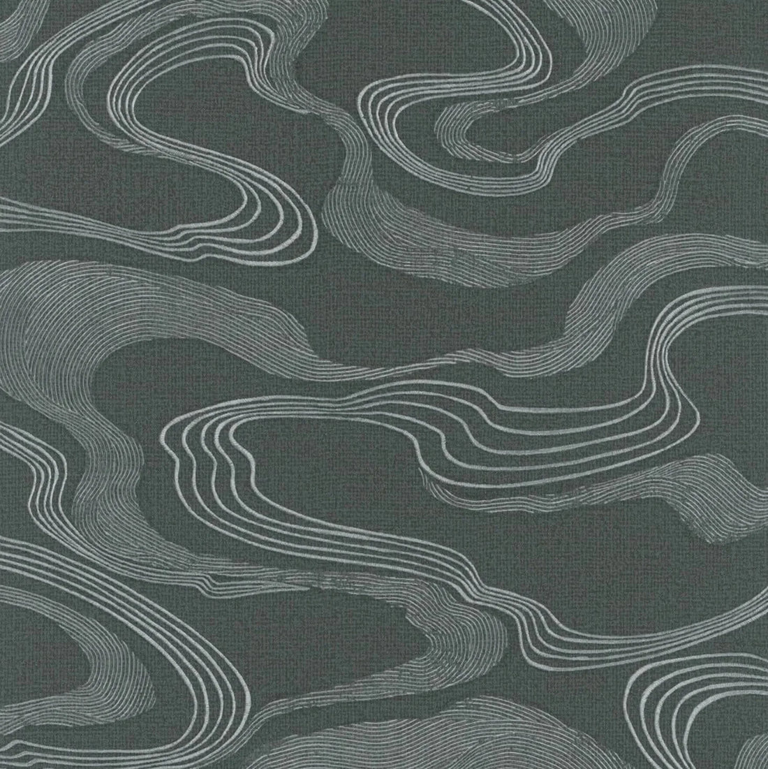 Marburg Kumano 34537 abstract olive green wallpaper with flowing graphic linework and a subtle fabric-effect texture.