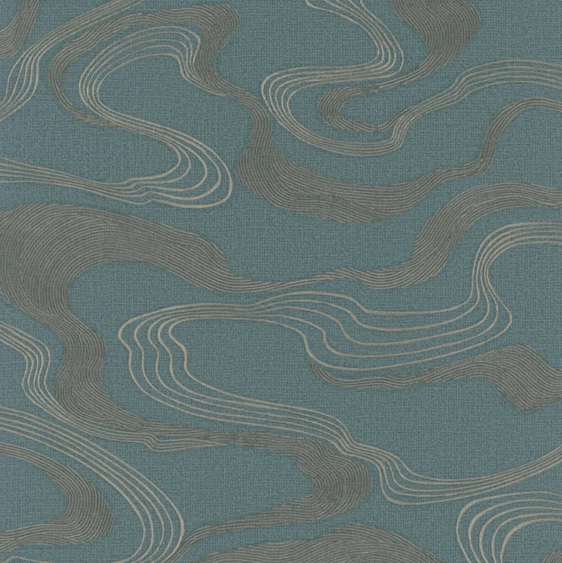 Marburg Kumano 34538 abstract wavy line wallpaper in dusty blue with graphite and light contour stripes on a fabric-effect ground