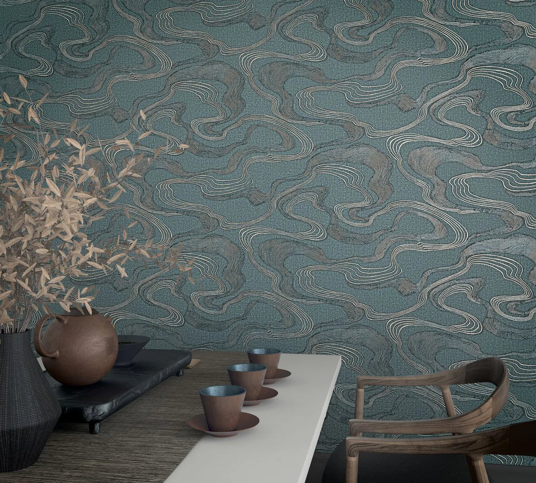 Marburg Kumano 34538 abstract wavy line wallpaper in dusty blue with graphite and light contour stripes on a fabric-effect ground