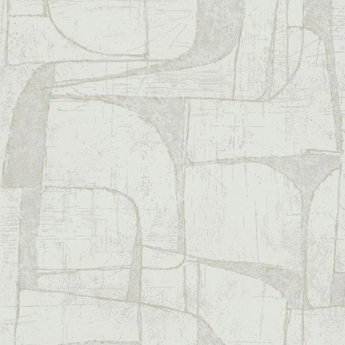 Marburg Leyla 82450 Beige abstract line-pattern wallpaper behind a brass floor lamp with a white globe shade, a textured armchair with a throw, and cotton stems.
