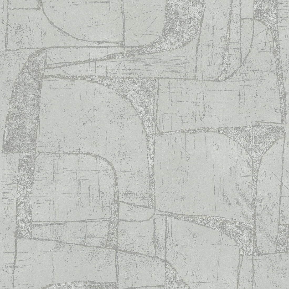 Marburg Leyla 82452 Gray abstract wallpaper with distressed, sketch-like lines behind a rectangular wooden planter holding three succulents, including a tall cactus, on a wooden shelf.