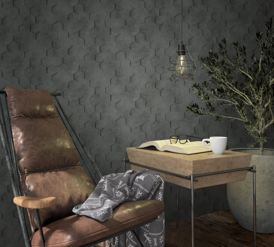 Marburg Loft Superior 34161 charcoal grey hexagon geometric wallpaper with plaster-like texture