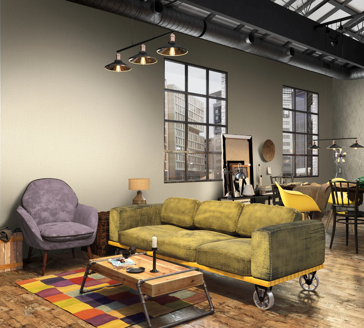 Marburg Loft Superior 34163 Textured geometric wallpaper on a feature wall in an industrial loft living area with large grid windows, exposed ductwork, a wheeled sofa, armchair, coffee table on a colorful rug, pendant lights, and a dining nook.