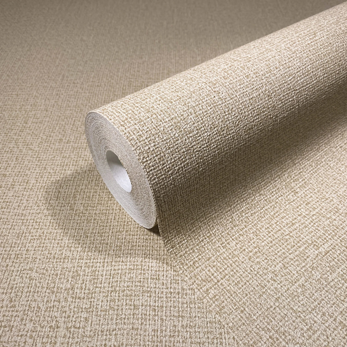 Marburg Loft Superior 34175 Close-up of a beige textured crosshatch wallpaper roll resting on a matching unrolled sheet.