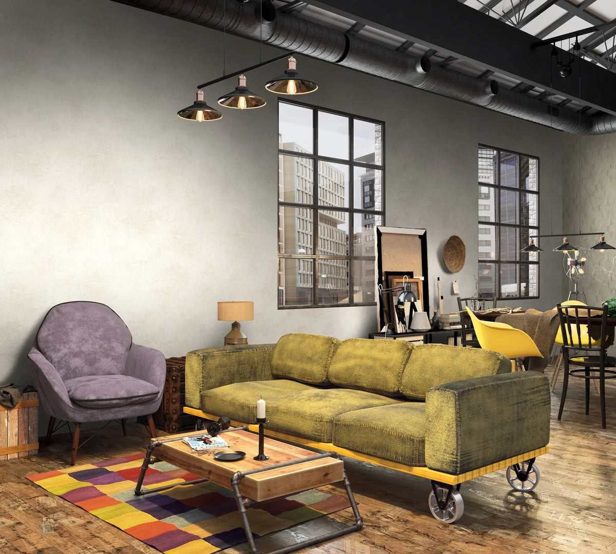 Marburg Loft Superior 34191 Industrial loft living room featuring light beige textured wallpaper behind large factory-style windows, with a green sofa on casters, a gray armchair, a low wood-and-metal coffee table on a colorful rug, and a dining area in the background.
