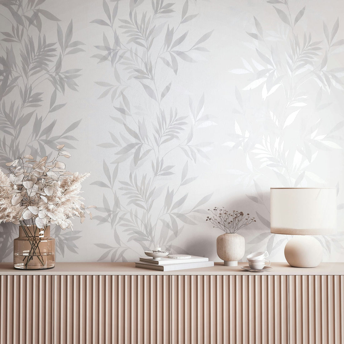 Marburg Mona 82460 grey leaf wallpaper on a soft white non-woven ground