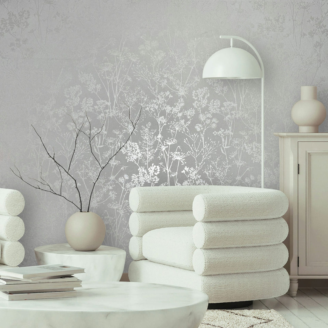 Marburg Mona 82462 white botanical blossom wallpaper close-up.