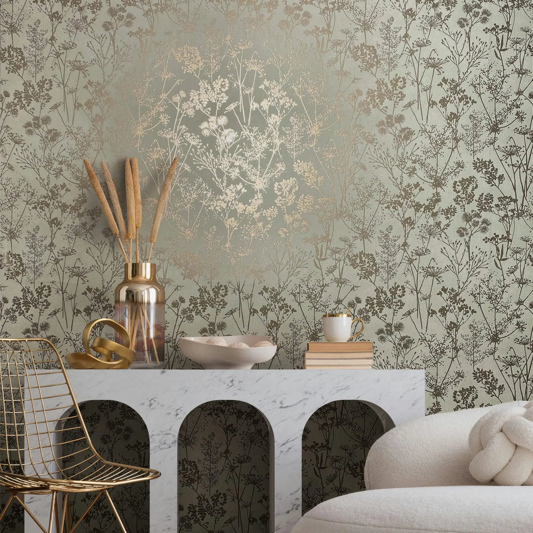 Marburg Mona 82465 botanical wallpaper with leafy silhouettes on a light grey-green greige ground