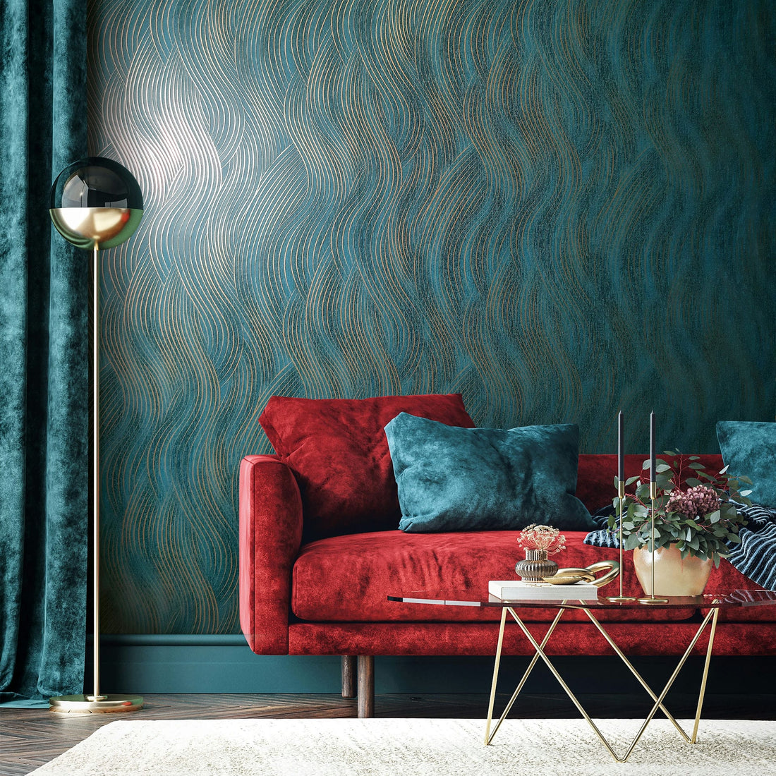 Marburg Mona 82477 wallpaper in deep forest teal with flowing olive-gold wavy lines