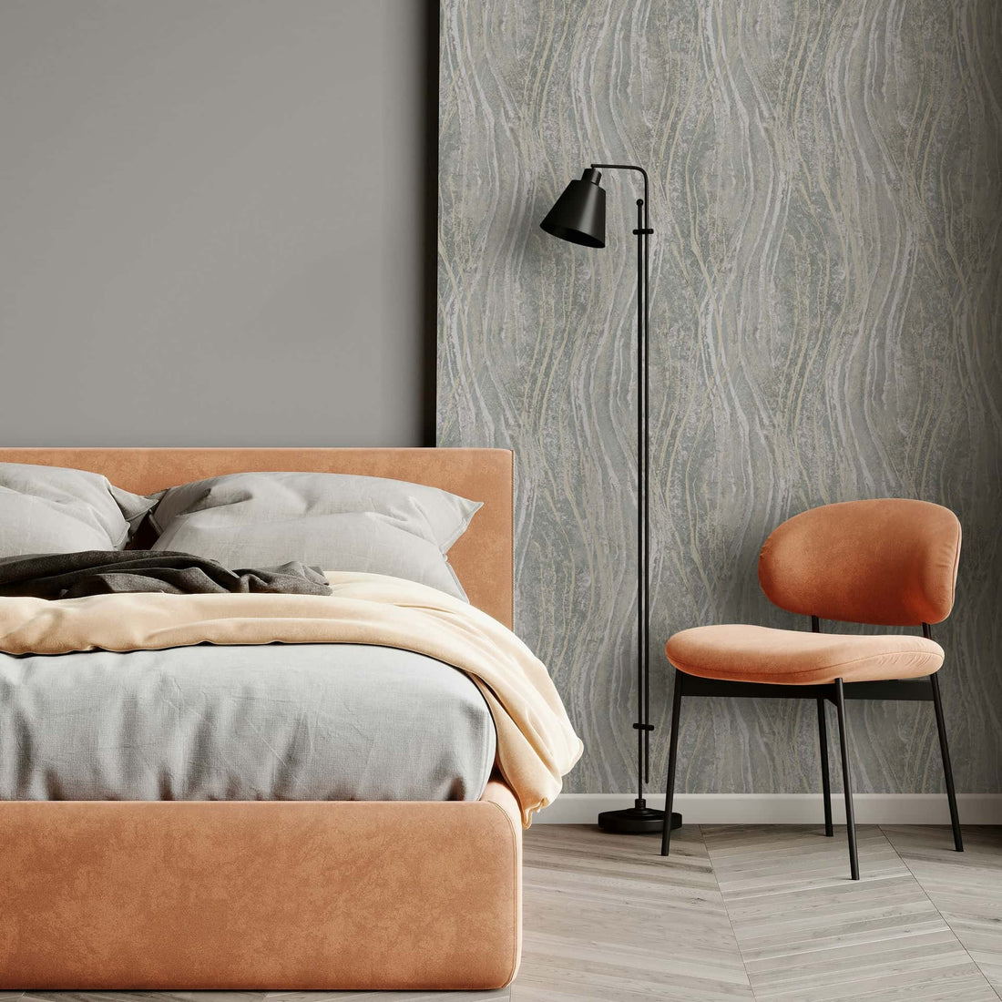 Marburg Naomi 82494 grey abstract wave wallpaper with stone-like concrete effect