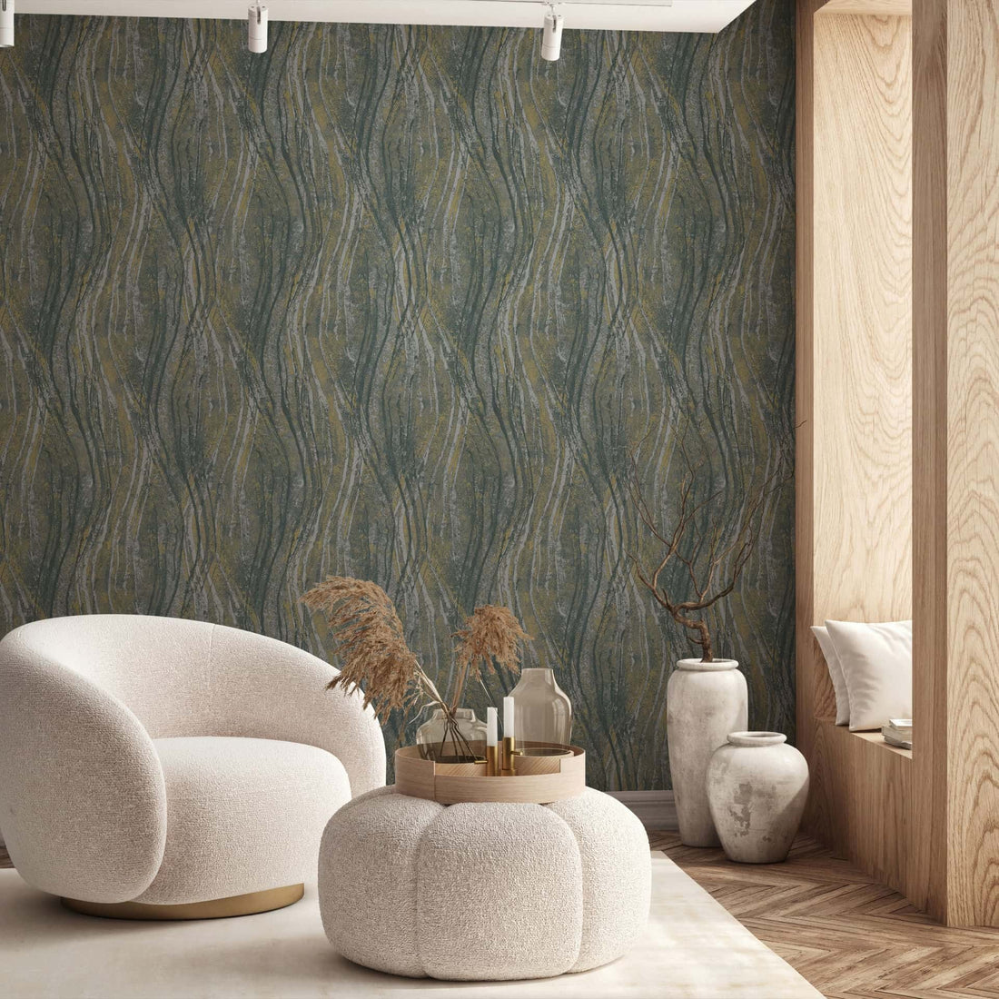 Close-up of Marburg Naomi 82496 wallpaper with charcoal grey wavy stripes and ochre accents over a concrete-look ground.