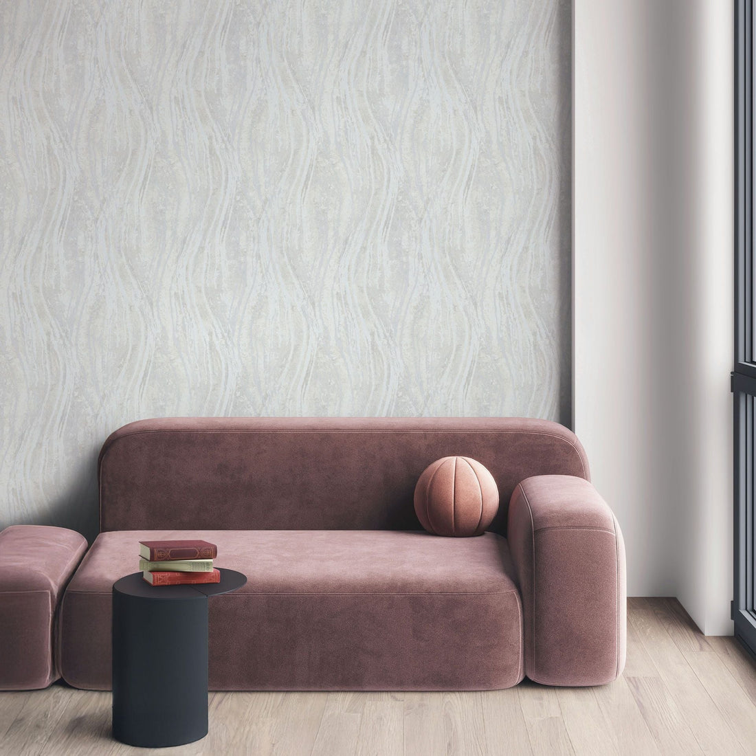 Marburg Naomi 82497 wallpaper with soft abstract waves over a light grey and white plaster effect.