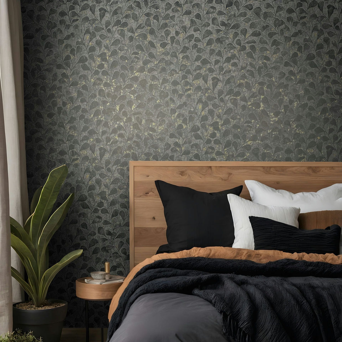Marburg Naomi 82503 charcoal grey leafy wallpaper close-up