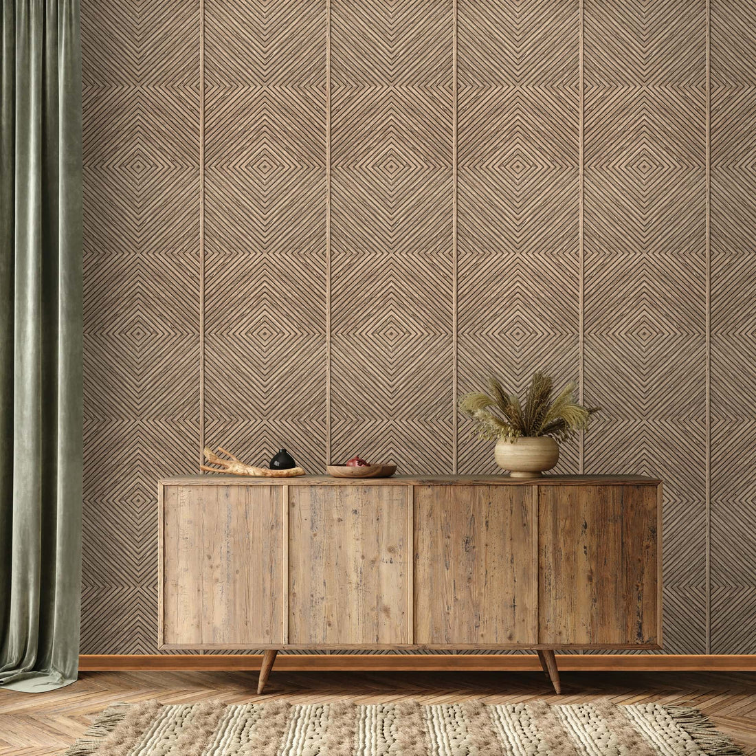 Marburg Naomi 89019 wood-look chevron geometric wallpaper in warm beige and brown