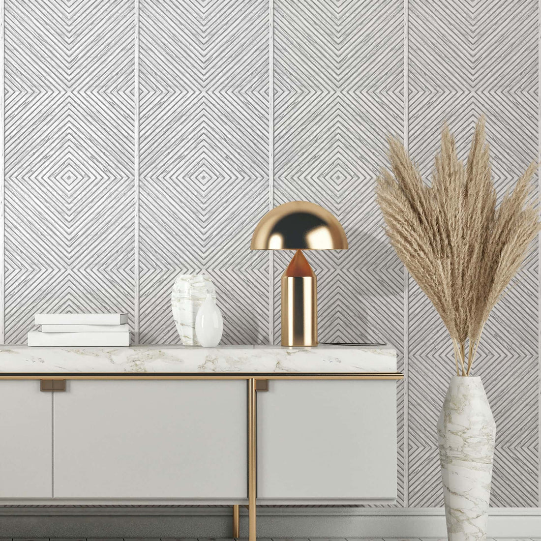 Marburg Naomi 89021 geometric wood-look diamond chevron wallpaper in soft white and grey