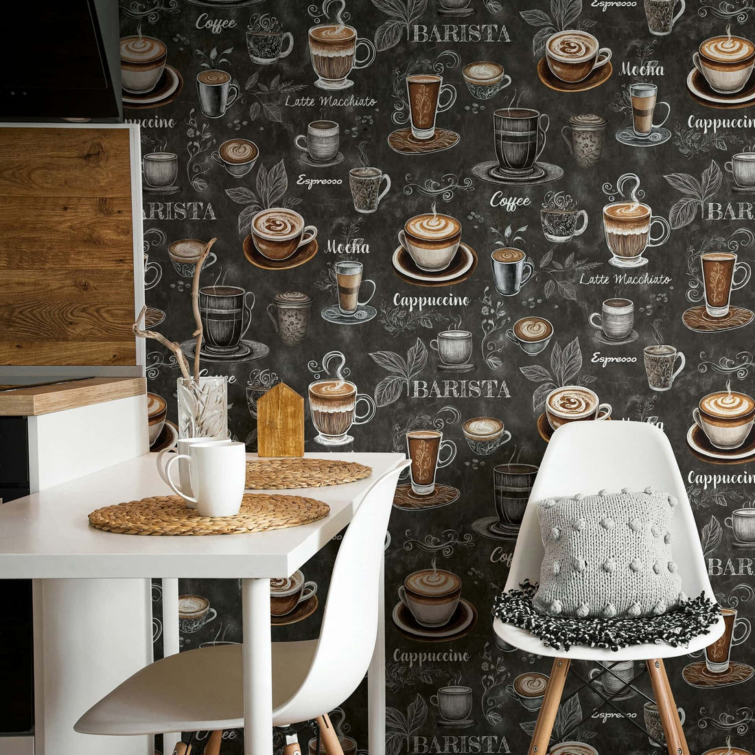 Marburg Naomi 89045 wallpaper with hand-drawn coffee cups and chalk lettering on a deep dark-brown background.